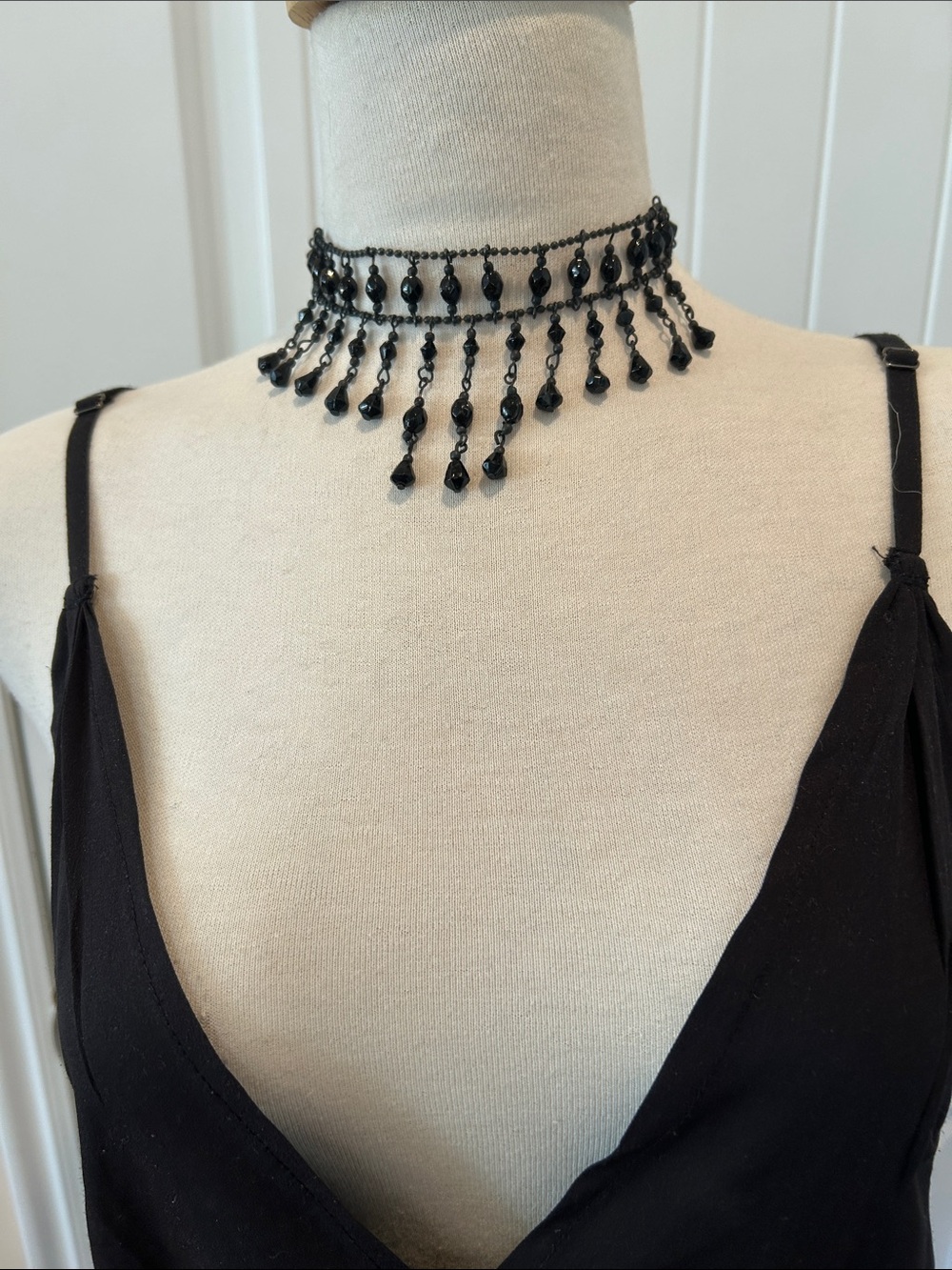 Black Beaded Fringe Choker Necklace - Women Jewelry